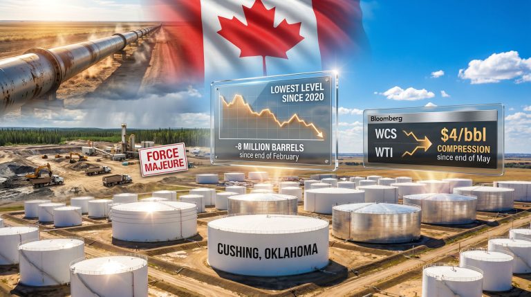 Canada oil outages tightening Cushing inventories graphic