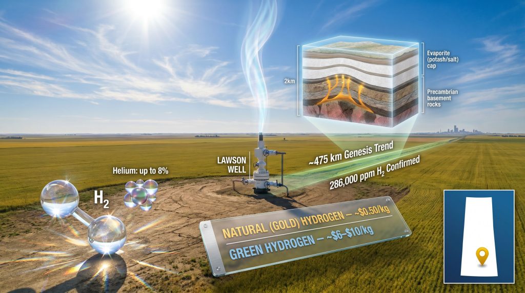 Saskatchewan natural hydrogen discovery at Max Power Mining well site graphic