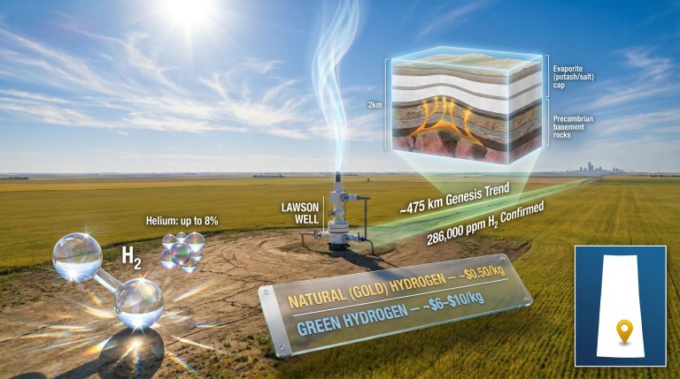 Saskatchewan natural hydrogen discovery at Max Power Mining well site graphic