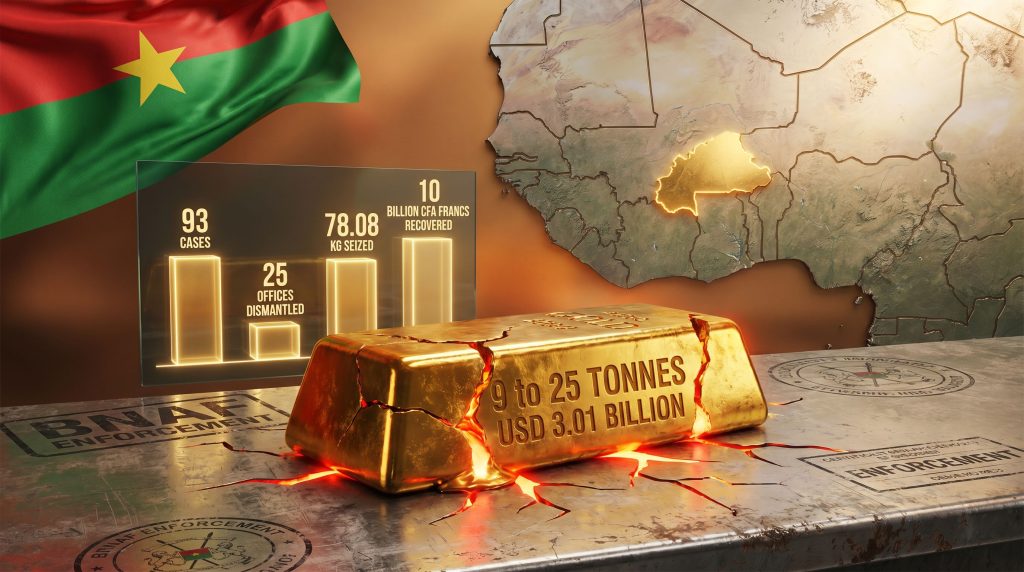 Burkina Faso gold fraud crackdown infographic map and gold bar