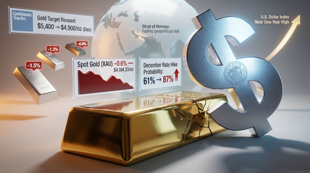 gold prices fall on firm dollar and hawkish Fed signals