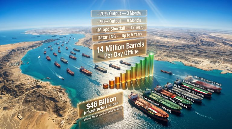 Middle East oil and gas output recovery after Strait of Hormuz reopening infographic