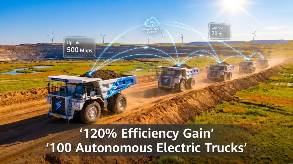 Huawei autonomous electric mining trucks in China convoy