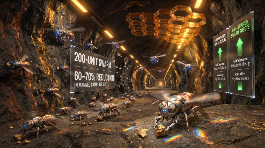 bee-inspired robotic ore collection in mine tunnel