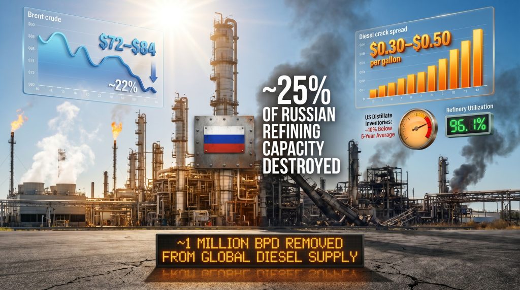 Russia diesel export ban and Brent near $72 refinery graphic