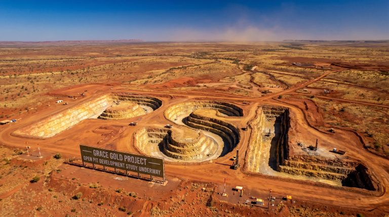 Paterson Resources Ltd-PSL-Grace Gold Project open pit mine aerial view
