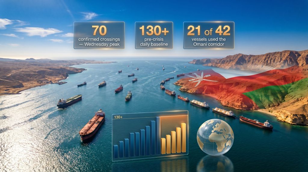 Strait of Hormuz traffic on disputed Oman route infographic
