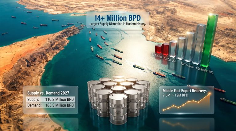 IEA 2027 oil surplus after Hormuz recovery infographic