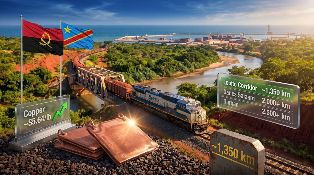 Lobito railway Congo copper shipment after flood repairs train route