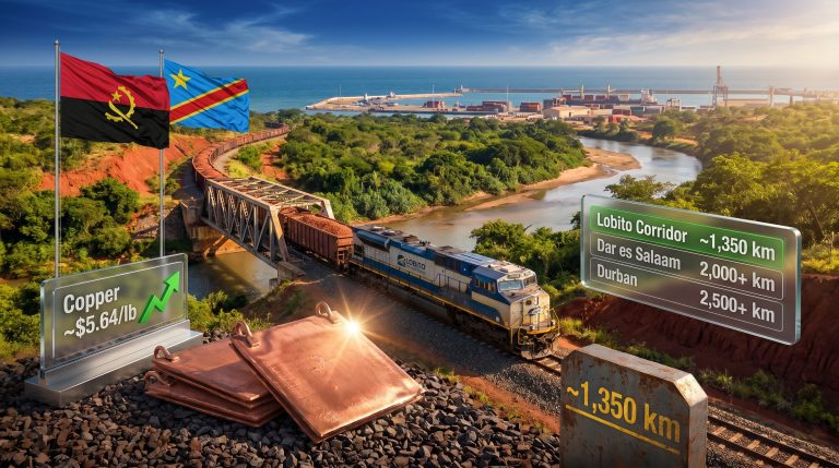 Lobito railway Congo copper shipment after flood repairs train route