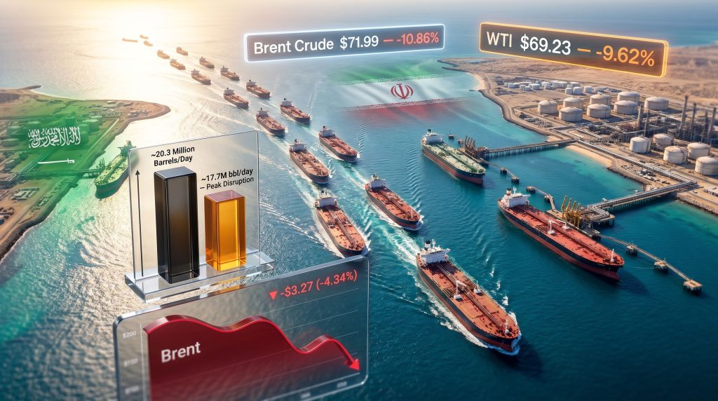 oil falls as Strait of Hormuz flows ease supply fears