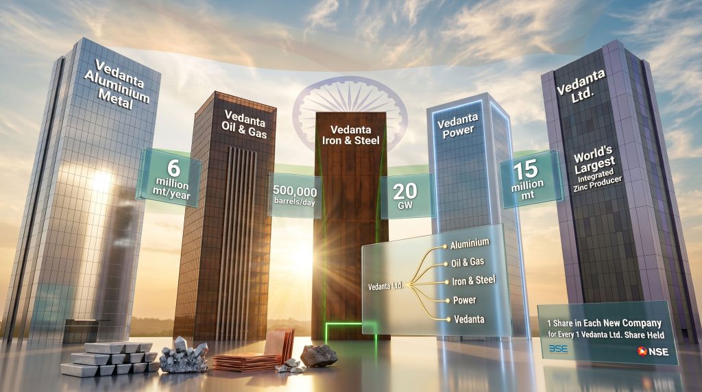 Vedanta demerger listing of four independent companies infographic