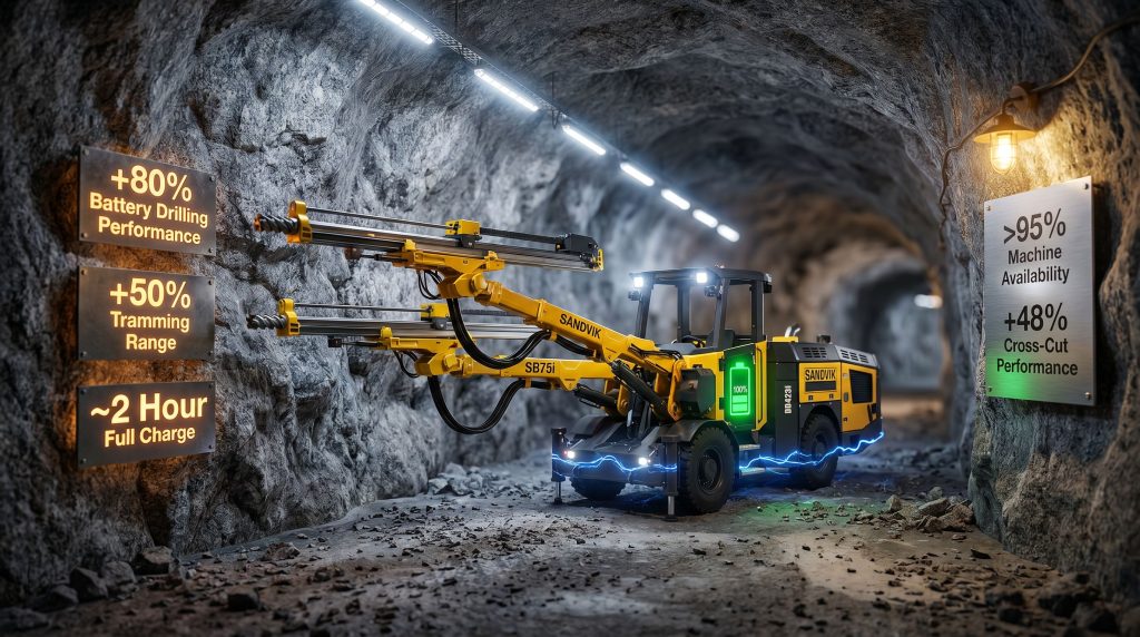 Sandvik DD423iE battery drill in mine tunnel
