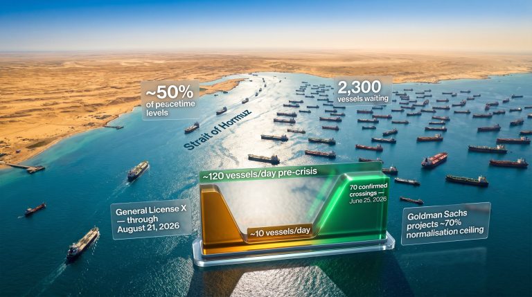 Strait of Hormuz traffic recovery infographic with tankers