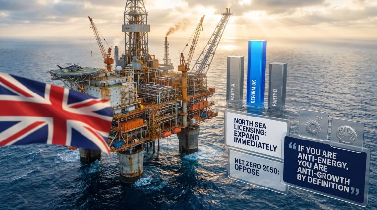 Reform UK North Sea drilling offshore platform graphic