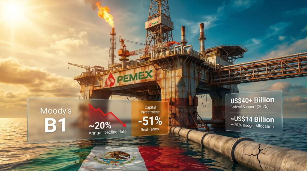 Moody's PEMEX B1 rating and operational risks infographic