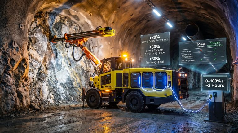 Sandvik DD423iE battery drill in mine tunnel