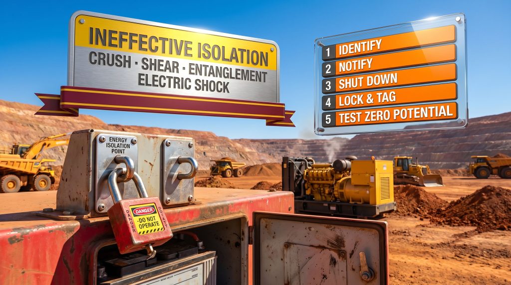 Queensland mine isolation safety warning signboard and lockout equipment