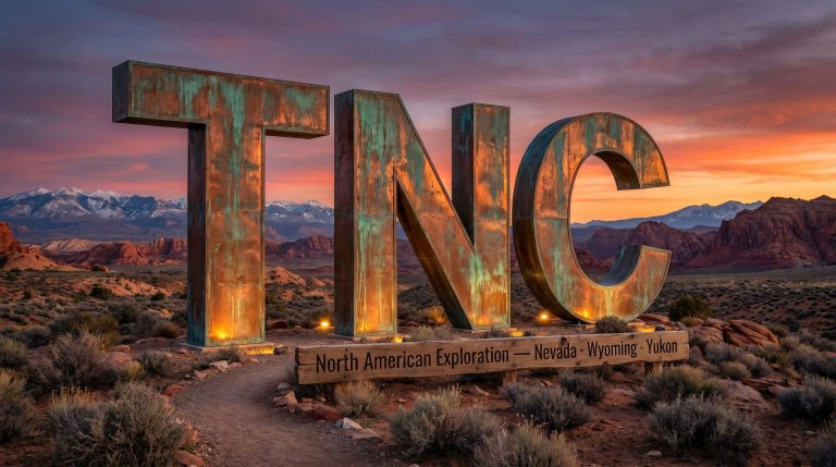 True North Copper Ltd-TNC-TNC monument in desert landscape at sunset