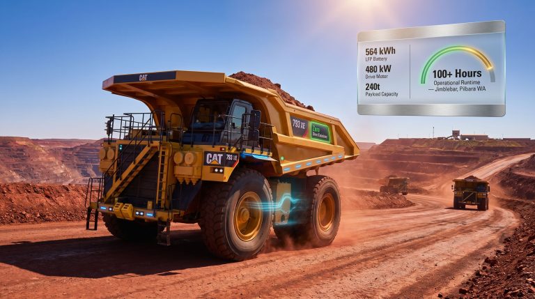 BHP Rio Tinto Caterpillar battery-electric haul truck trial truck at mine