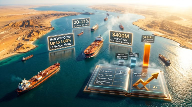 Hormuz shipping war risk insurance infographic with tankers