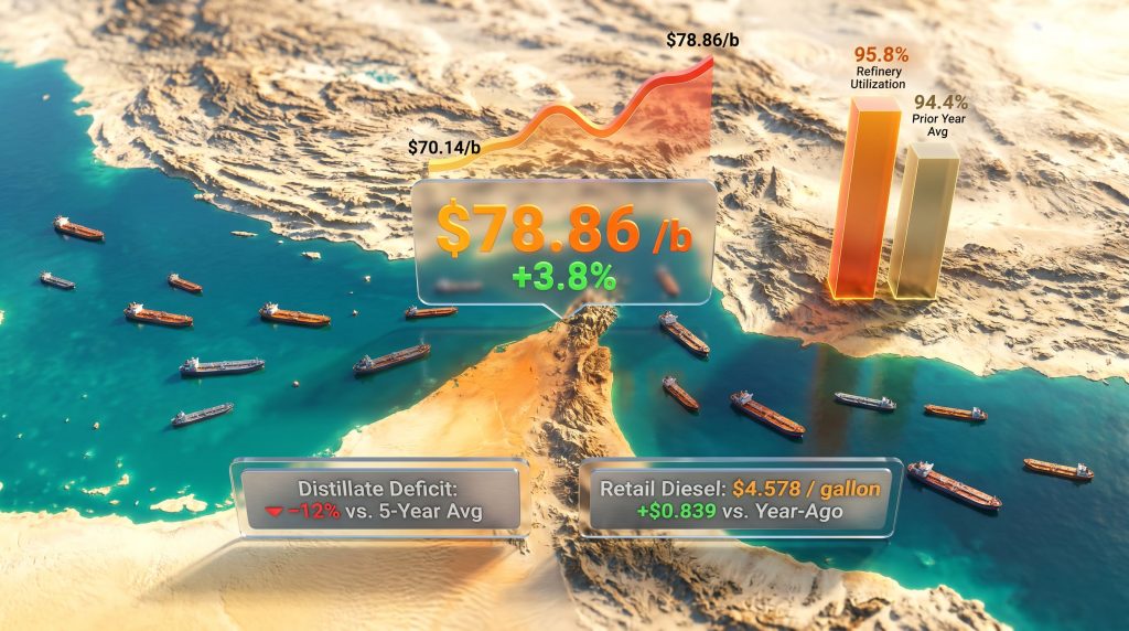 Brent jumps on Hormuz tensions refinery utilization limits fuel supply infographic