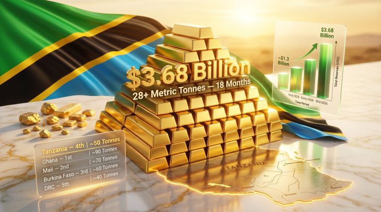 Tanzania gold reserves infographic with gold bars