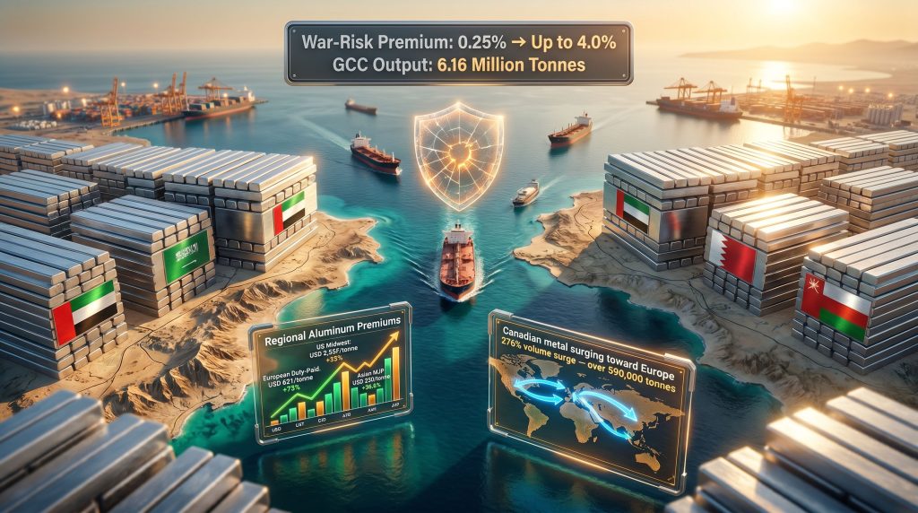 Strait of Hormuz war-risk insurance and GCC aluminium industry map