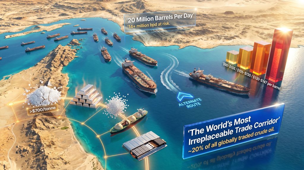 Strait of Hormuz commodity disruption infographic with tankers