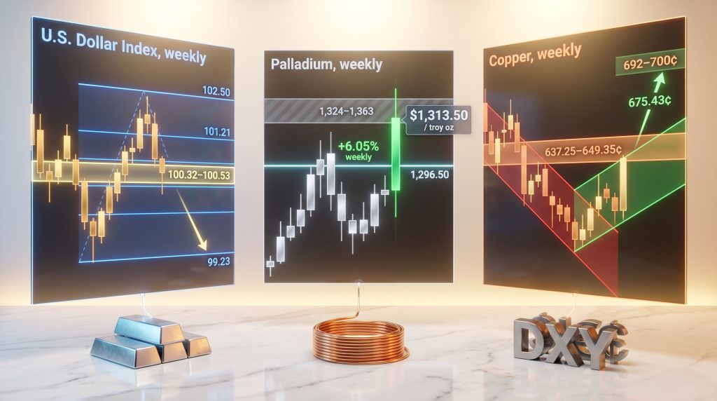 weekly charts for the dollar palladium and copper
