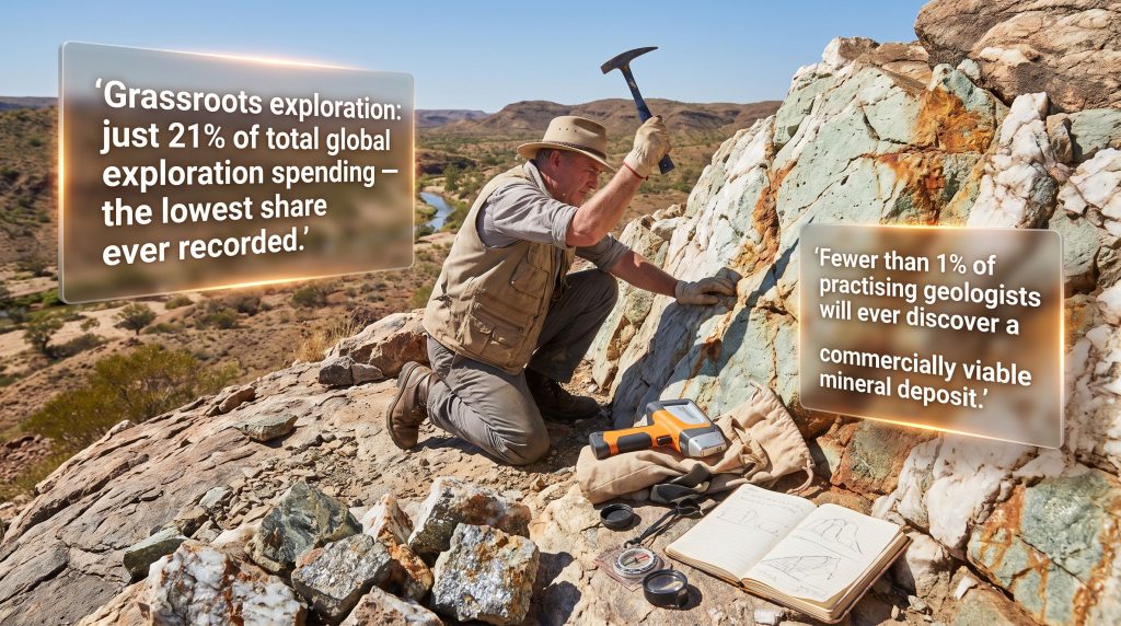 Grassroots prospecting for mineral exploration geologist surveying rocks