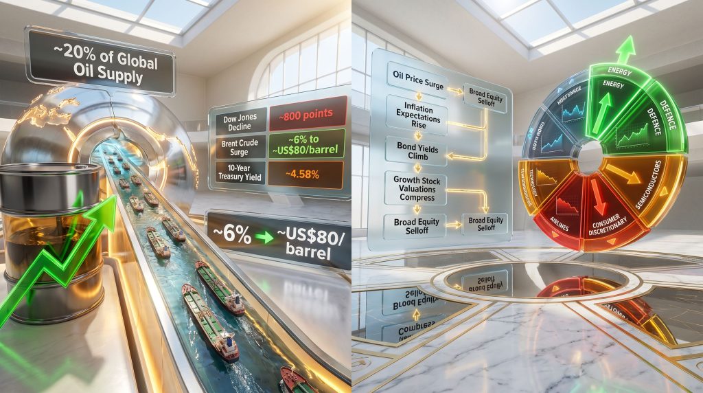 why is the US stock market down today oil surges on Iran tensions infographic