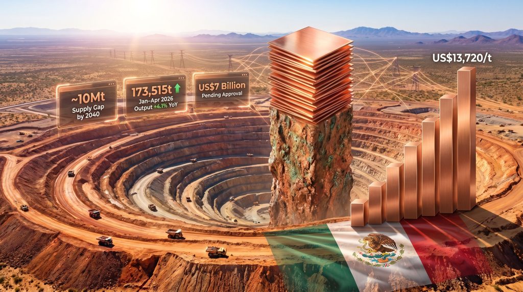Mexican copper mining opportunity infographic over open-pit mine