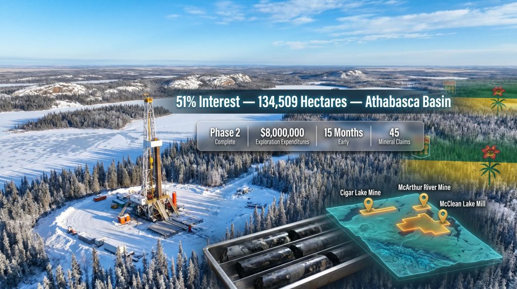 Foremost Denison Phase 2 earn-in Athabasca uranium projects map and drill site