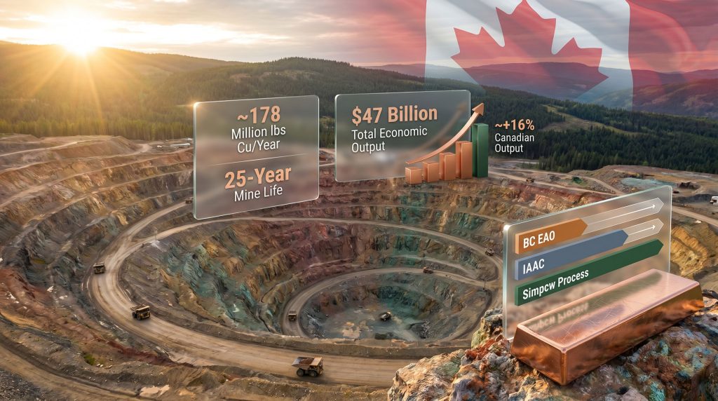 Yellowhead copper mine environmental approval infographic over open pit