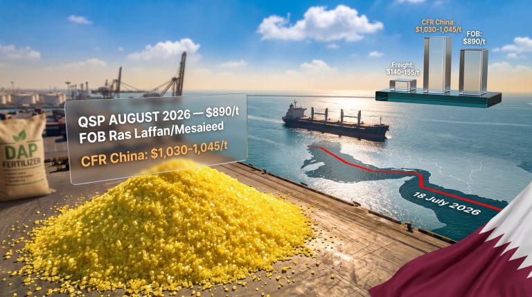 QatarEnergy August Sulphur Price: $890/t FOB