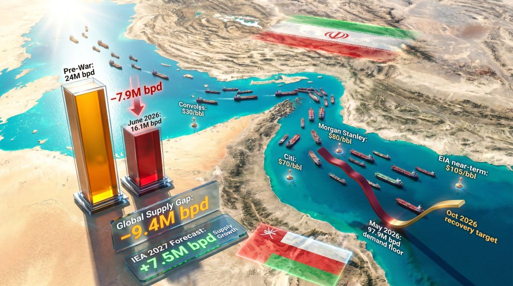 IEA oil forecast and Strait of Hormuz reopening map infographic