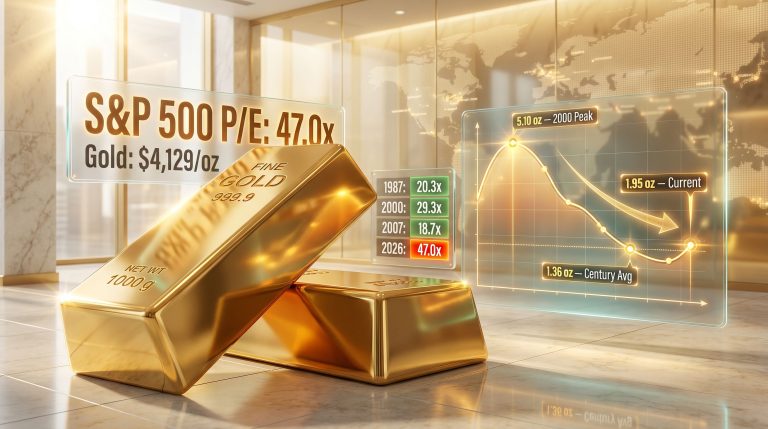 Gold rally and S&P overvaluation chart with bars
