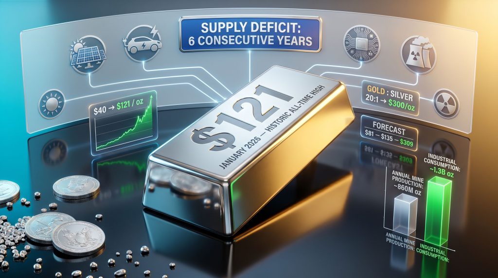 triple digit silver prediction infographic with silver bar