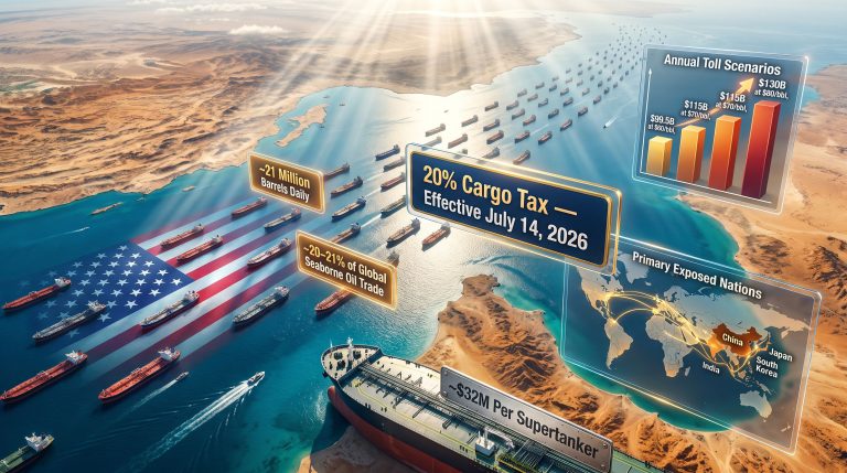Trump Strait of Hormuz toll infographic map