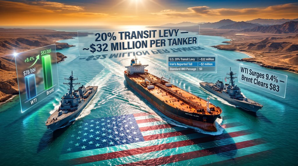 Trump Hormuz blockade and transit fee tanker graphic