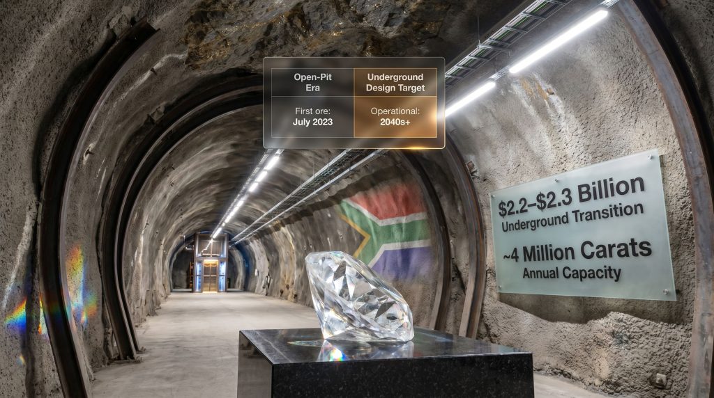 De Beers Venetia mine production pause tunnel display