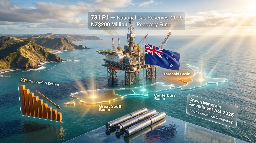 New Zealand offshore gas exploration rights map and rig