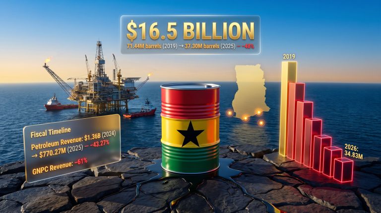 Ghana oil production decline and lost revenue infographic