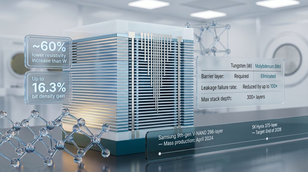 molybdenum replacing tungsten in NAND flash chips infographic