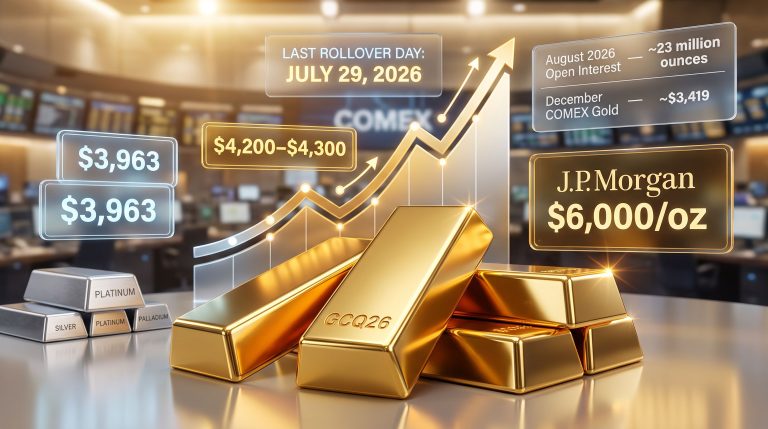 gold price forecast and COMEX August rollover chart