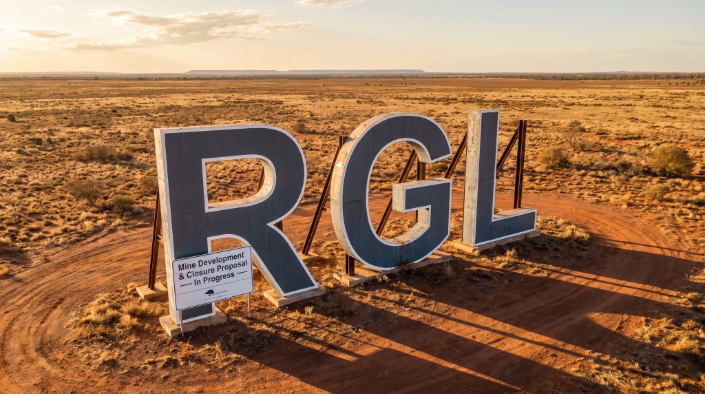 Riversgold Ltd-RGL-RGL sign in remote desert landscape
