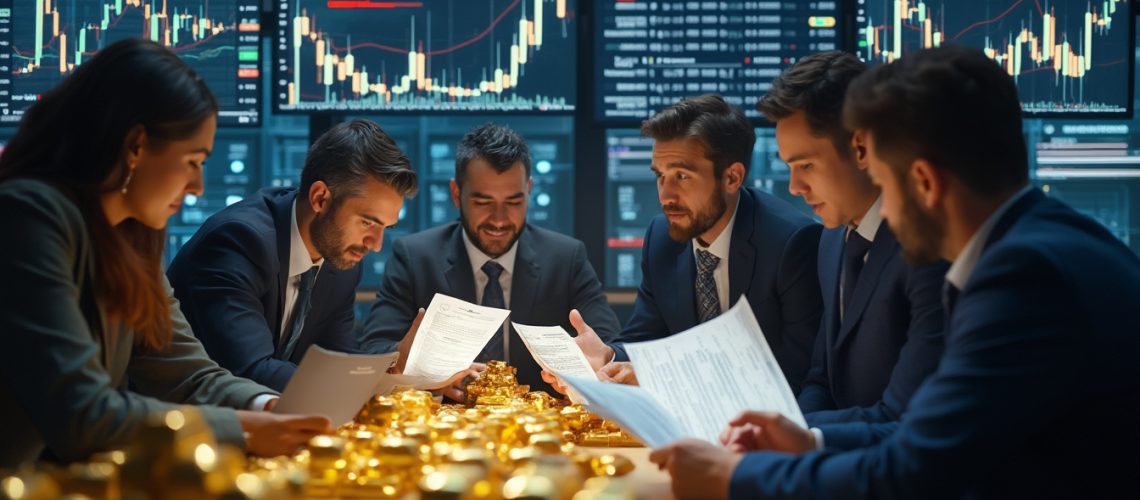 Business meeting with charts and gold bars, people reviewing documents at a table.