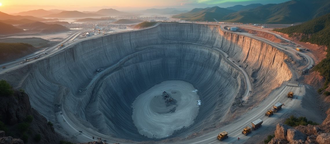 Large open-pit mine at sunset with northern lights in the sky, surrounded by mountains.