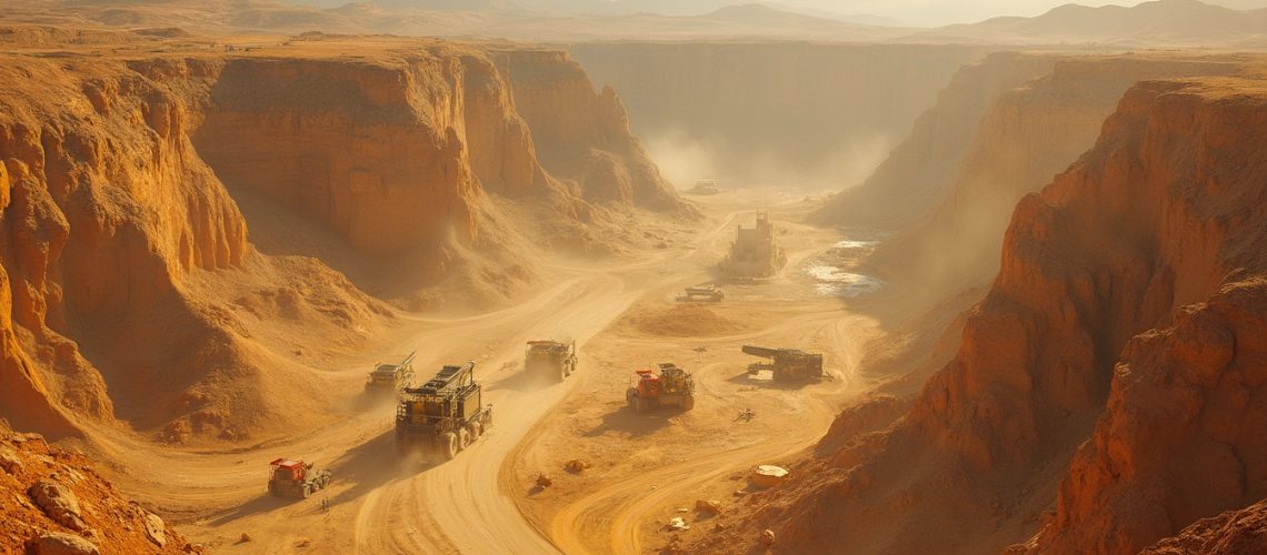 Desert landscape with rugged cliffs, dusty road, and large trucks transporting materials.